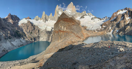 Panoramic view of two lakes and snowcapped fitzroy mountains against sky in patagonia 