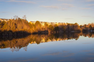 Houses by the cary lake park on a winter day sunset 