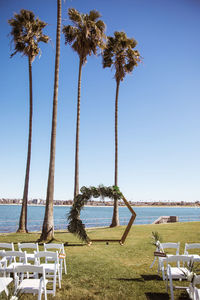 Coconut palm trees on beach against clear sky