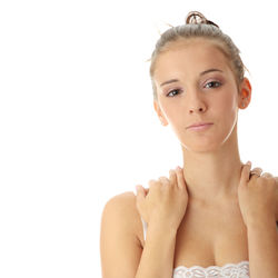 Portrait of a beautiful young woman over white background
