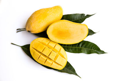 Close-up of fruits and leaves against white background