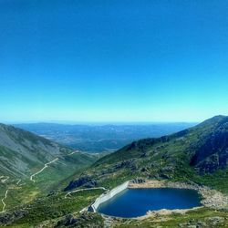 Scenic view of river and mountains against clear blue sky