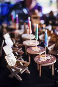 Close-up of chairs and tables