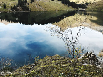 Scenic view of lake by trees against mountain