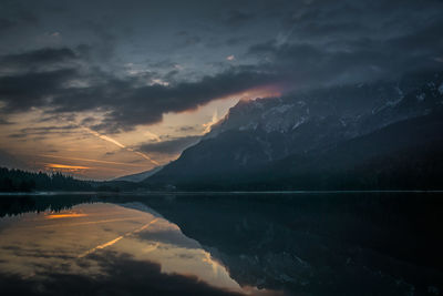 Scenic view of lake against sky at sunset