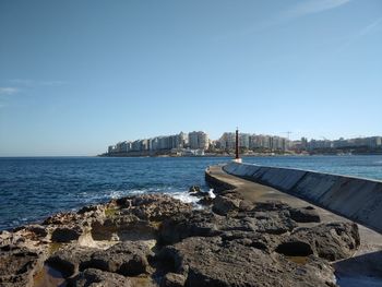 Scenic view of sea against clear blue sky