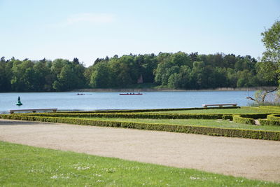 Scenic view of lake against clear sky