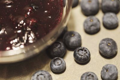 High angle view of fruits in jar on table