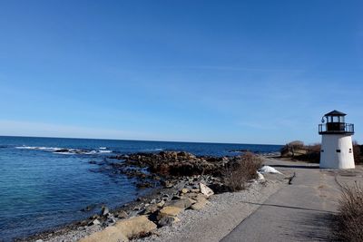 Scenic view of sea against clear blue sky