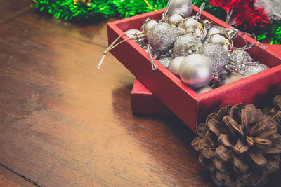 High angle view of christmas decoration on table