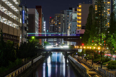 Illuminated buildings in city at night