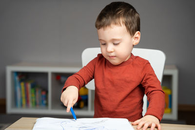 A cute attentive little toddler boy of two years old draws with markers in the album