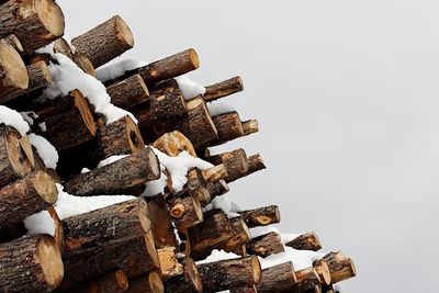 Stack of logs against sky