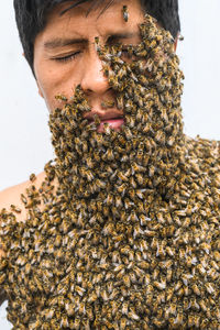 Man's face covered by bees