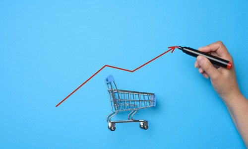 Miniature shopping cart and a hand with a red marker, a drawn graph with growing indicators. rising