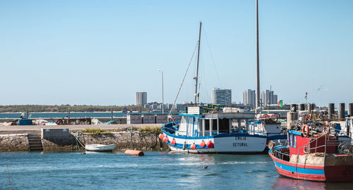 Sailboats moored in sea against clear blue sky