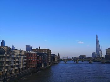 Buildings by river against clear blue sky