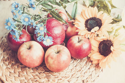 High angle view of apples in basket