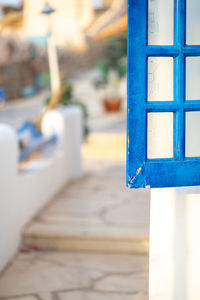 White and blue architecture on santorini island on blurred background traditional greek house 