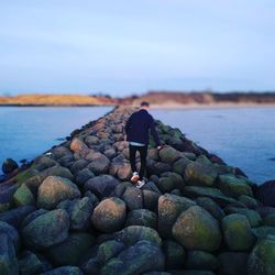 Rear view of person standing on rock at sea shore against sky