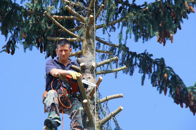 Low angle view portrait of man holding chainsaw while sitting on tree trunk