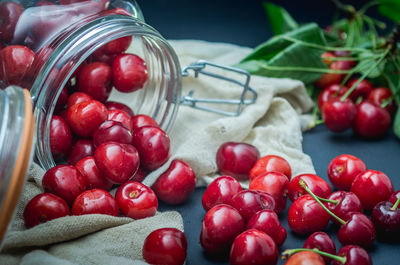 Close-up of cherries in container on table