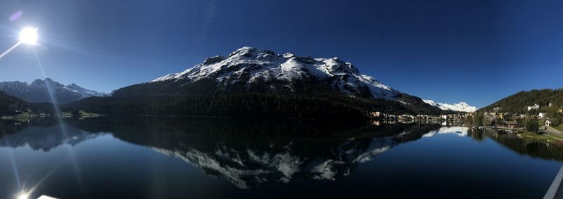 Scenic view of lake by mountains against sky