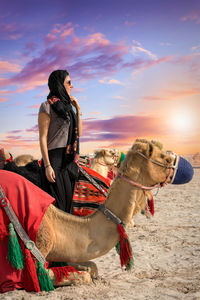 Young woman standing amidst camels at desert against sky during sunset