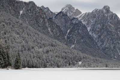 Scenic view of snow covered mountains against sky