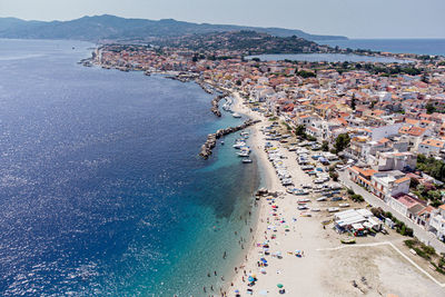 Top view of the beautiful beach of punta faro in sicily. messina, italy.