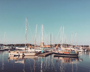 Sailboats moored in harbor against clear blue sky