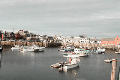 Sailboats in harbor by buildings in city against sky