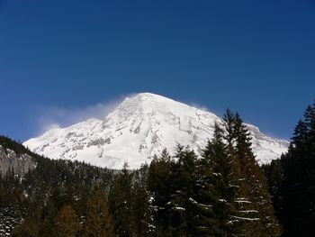 Scenic view of snowcapped mountains against clear blue sky