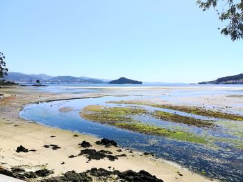 Scenic view of sea against clear blue sky