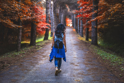 Rear view of woman walking on footpath