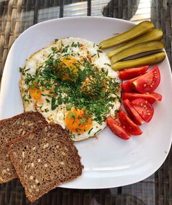 High angle view of breakfast served on table