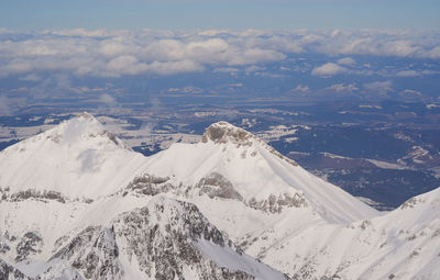 Aerial view of snowcapped mountains against sky