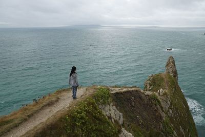 Rear view of person standing on shore against sky