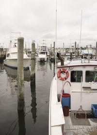 Sailboats moored in harbor