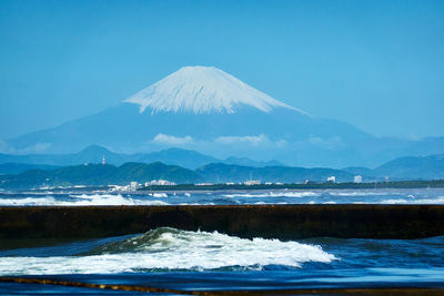 Scenic view of sea and snowcapped mountains against sky