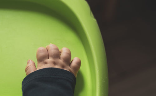 Close-up of hand holding green leaf