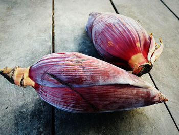 High angle view of garlic on table