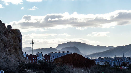 High angle shot of townscape against sky