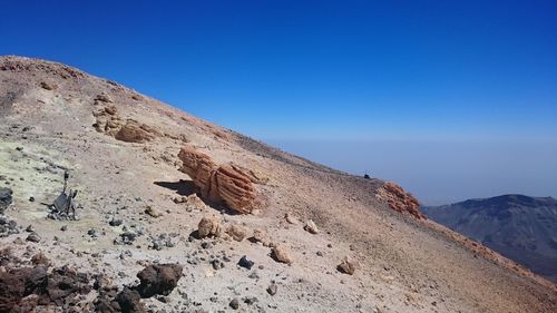 Scenic view of rocky mountain against clear blue sky