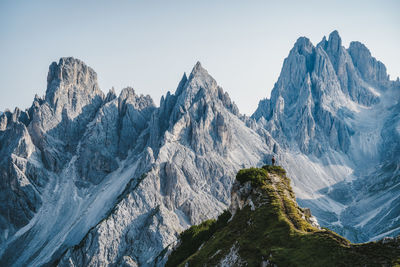 Panoramic view of snowcapped mountains against clear sky