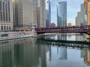 Bridge over river against buildings in city