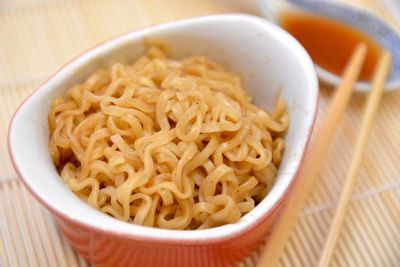 High angle view of noodles in bowl on table