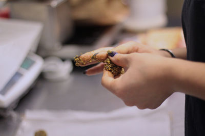 Close-up of hand holding crab