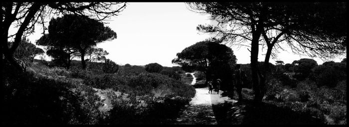 Panoramic shot of people standing on land against sky