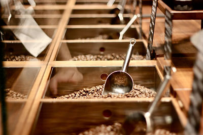 Different options of roasted coffee beans displayed at a coffee shop in shanghai